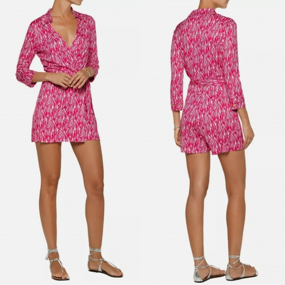 NWT Diane Von‎ Furstenberg Womens Celeste Wrap Romper 3/4 Sleeves Pink Silk Sz 8